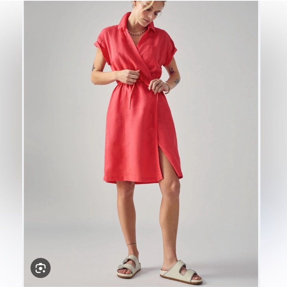 EUC Athleta Playa Linen Wrap Midi Dress Coral Size 10 Coastal Athleisure Beach